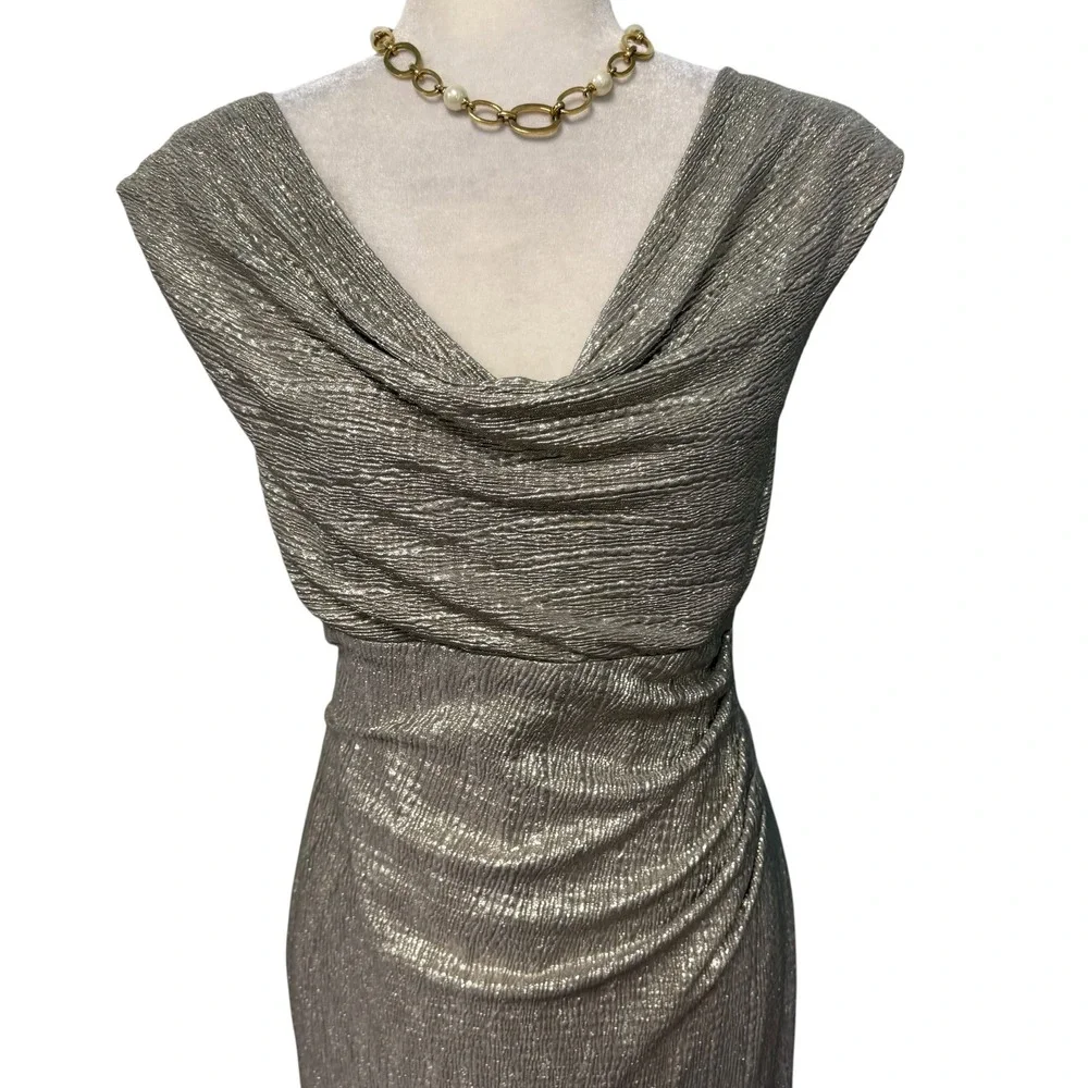 Womens‎ 10 Ruched Dress Silver Sheath Metallic Cowl Neck Cocktail Wedding Guest